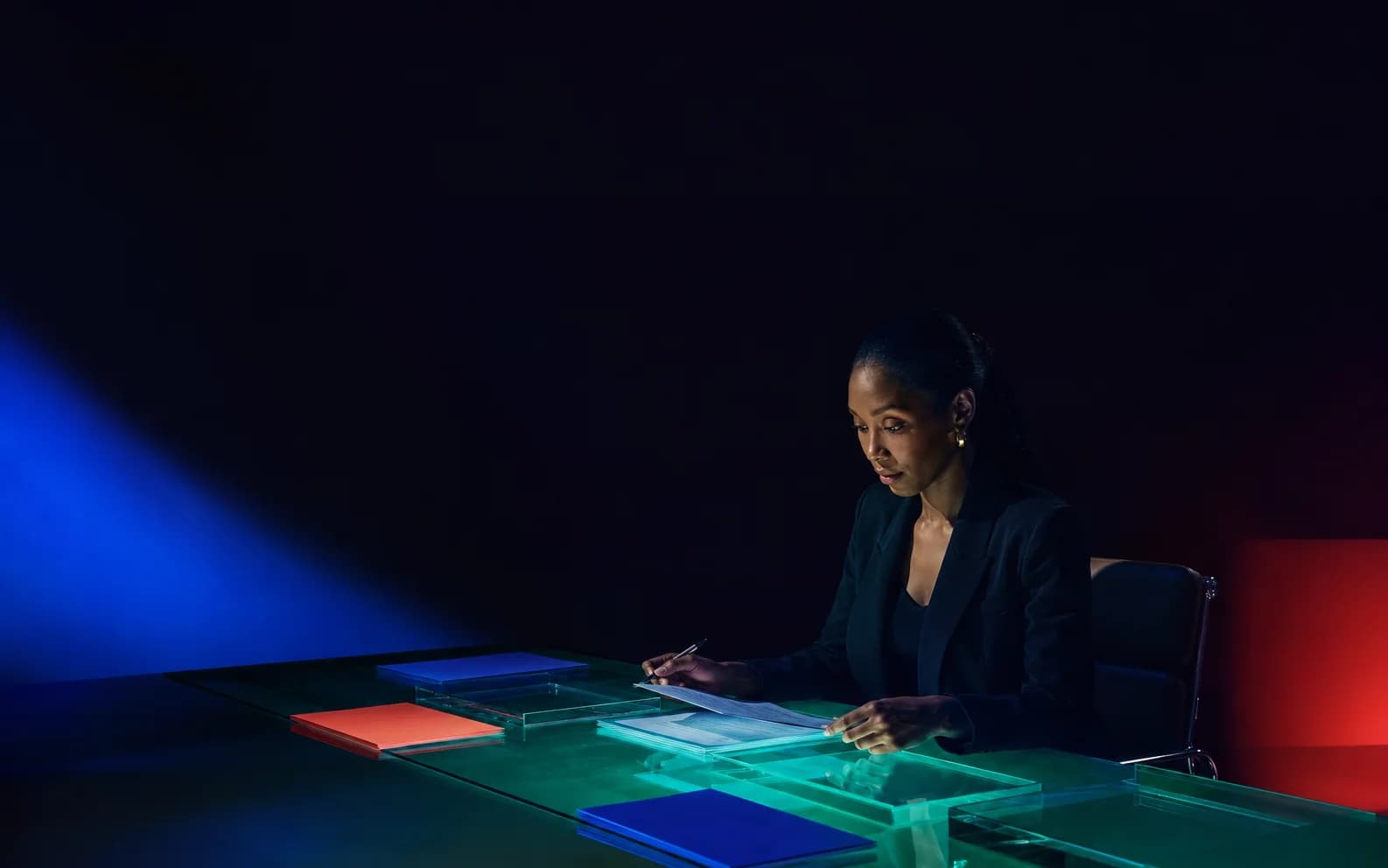 A professional operator reviewing and organizing project materials