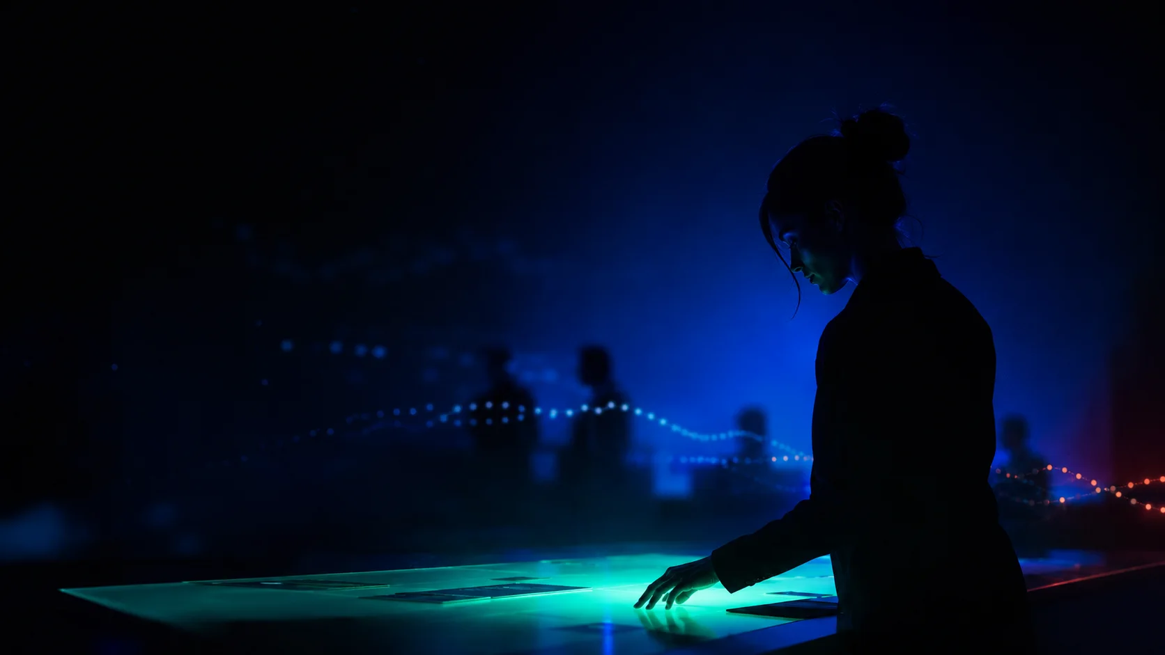 A business operator working at a luminous project desk